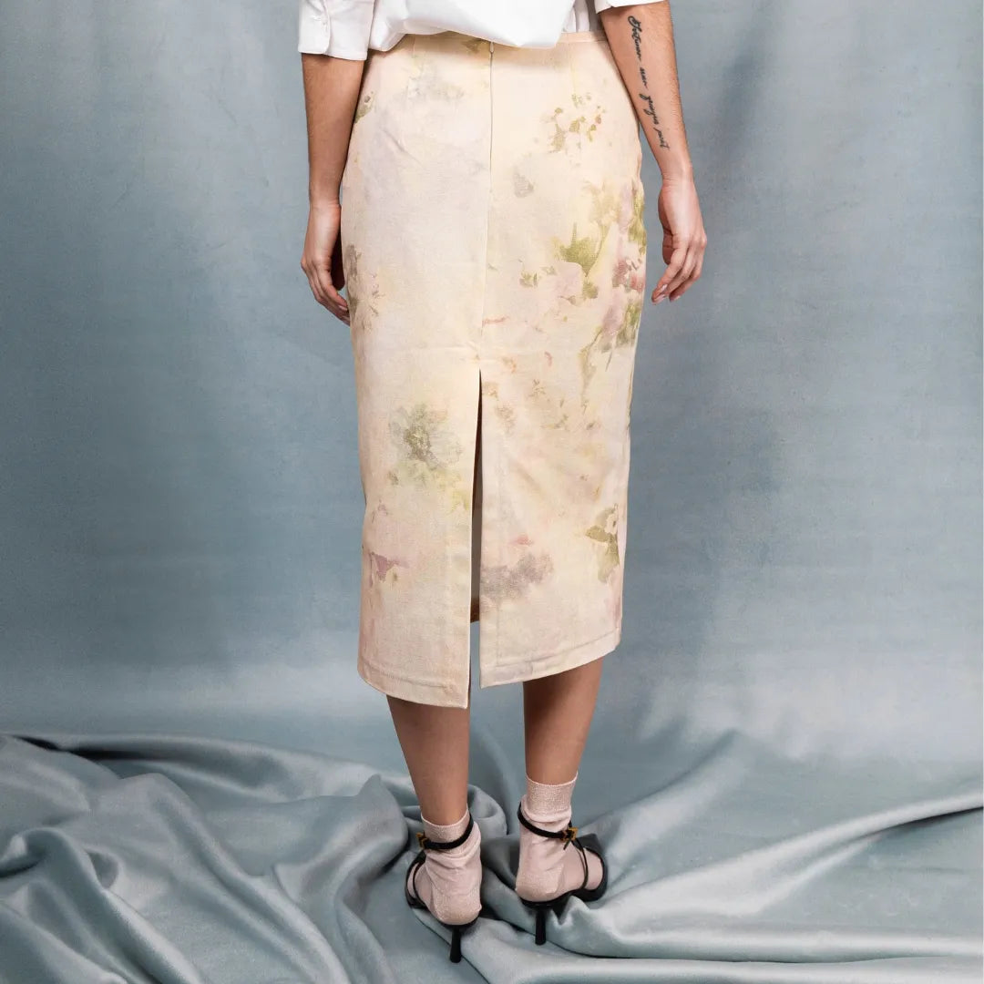 Denim midi skirt with print