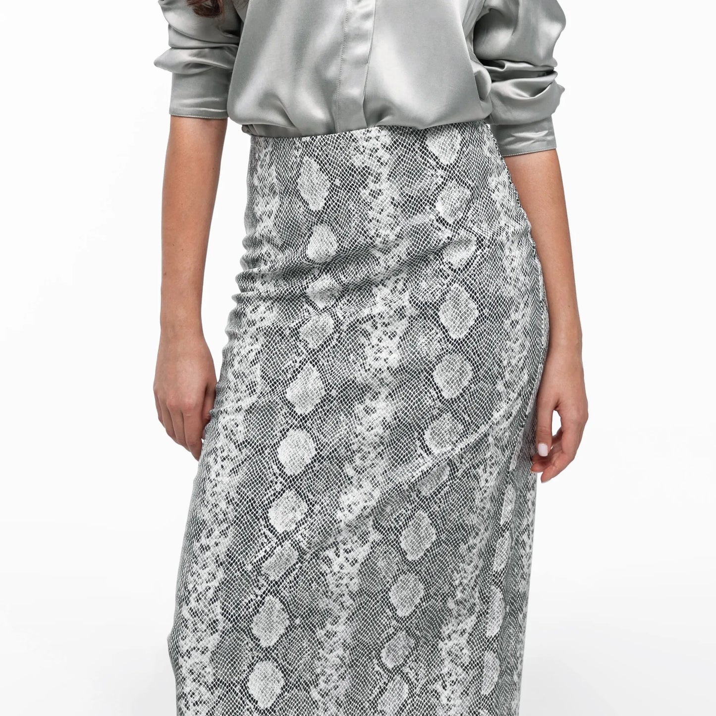 White and Black Reptile Print Faux Leather Midi Skirt