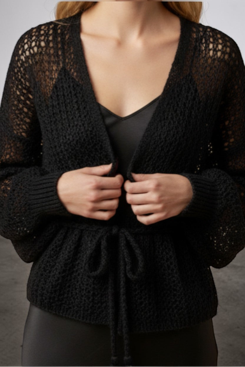 Stassia 12 black mohair open-knit cardigan with balloon sleeves and tassel tie waist. Handmade.