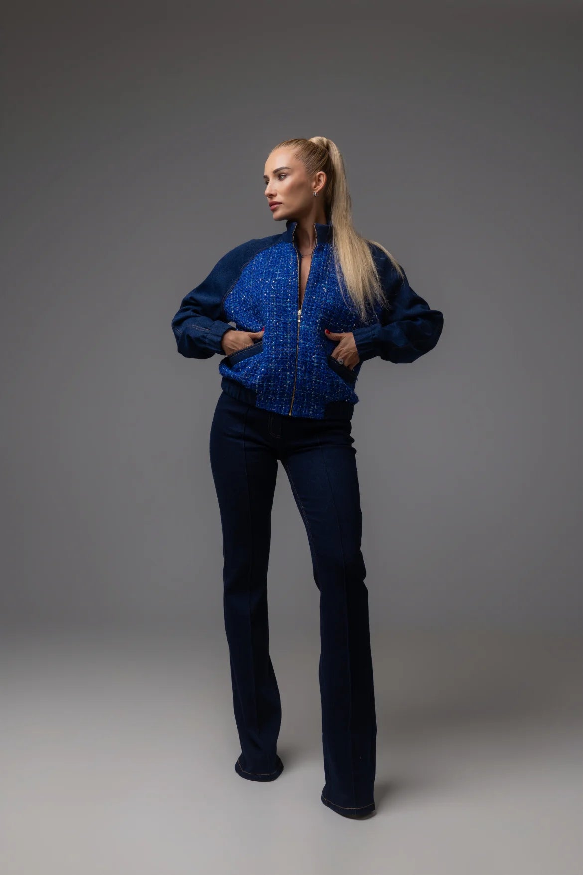 Бомбер SPORT CHICK денім з твідовими вставками — Темно-синій