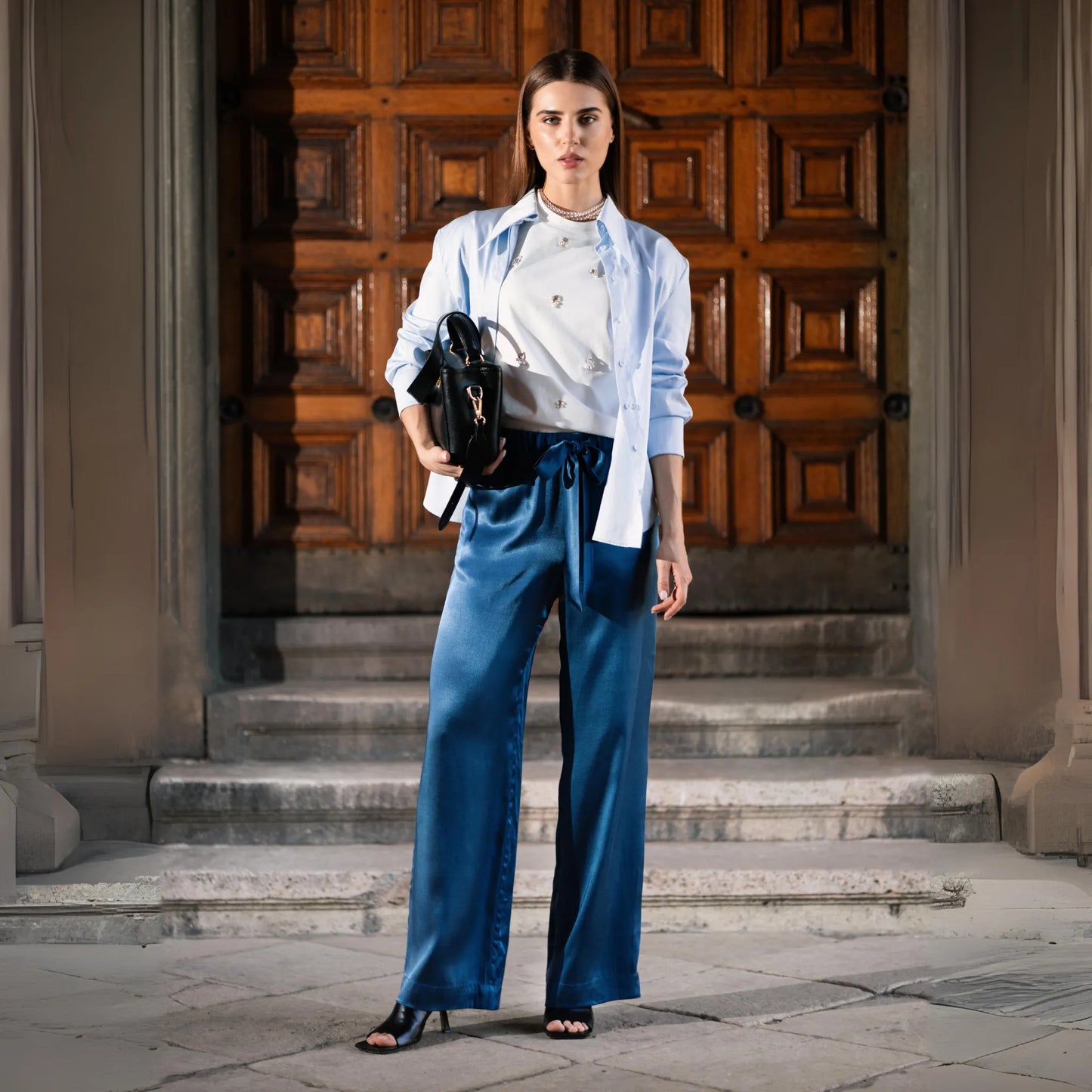 Blue satin pajama pants