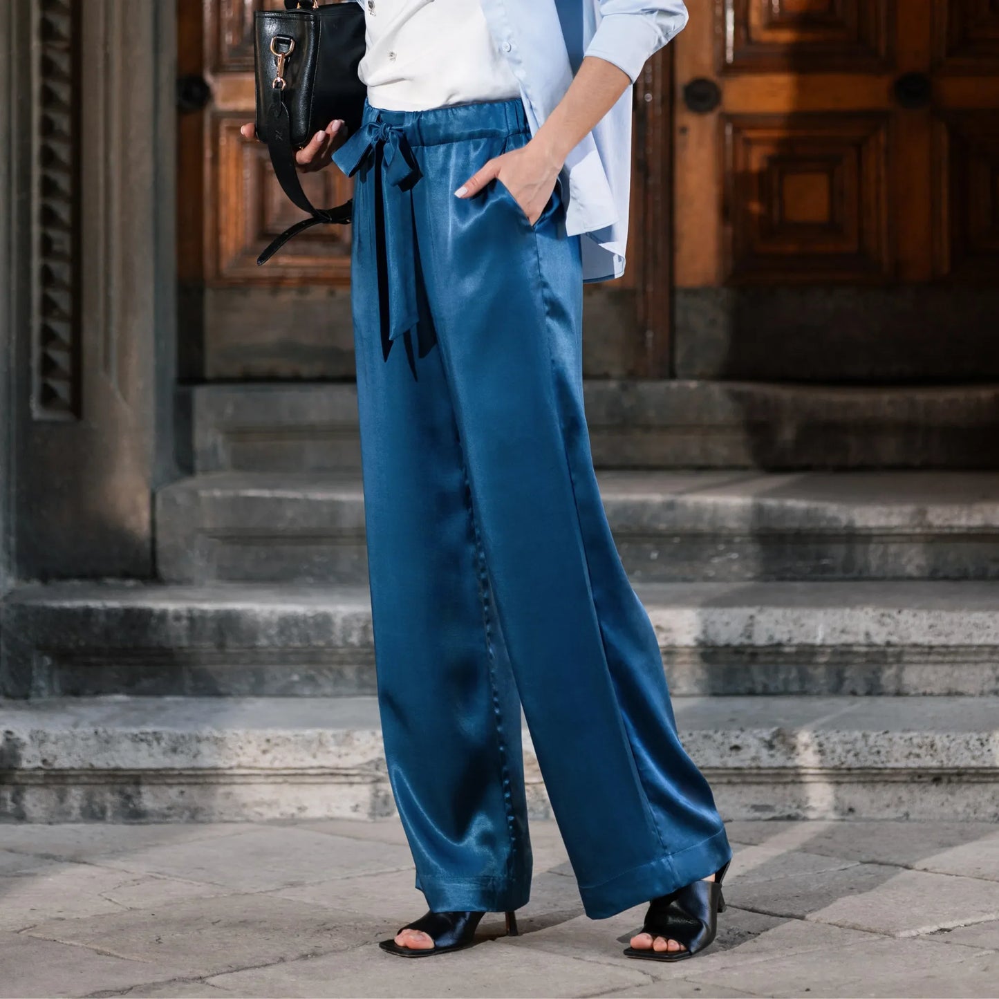 Blue satin pajama pants