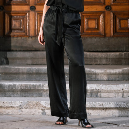 Black satin pajama-style trousers
