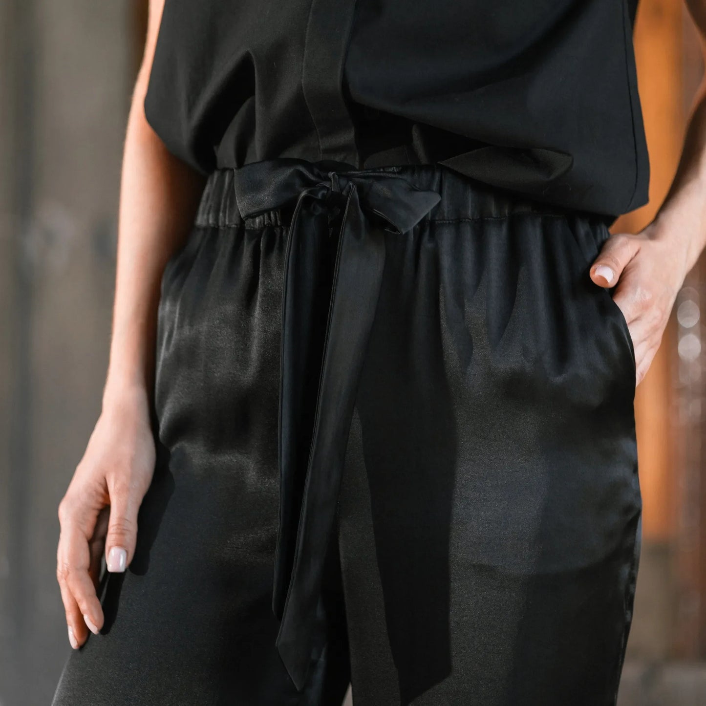 Black satin pajama-style trousers
