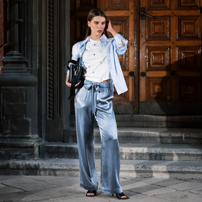Satin pajama-style trousers in blue