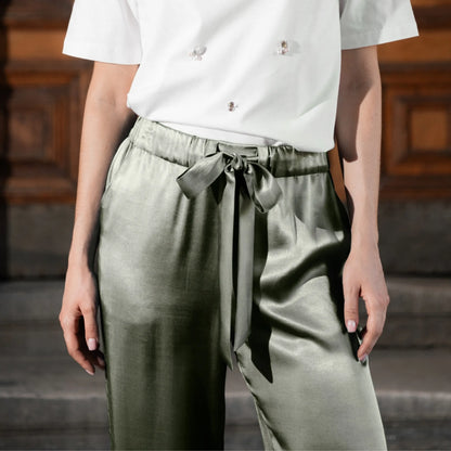 Satin pyjama-style trousers olive