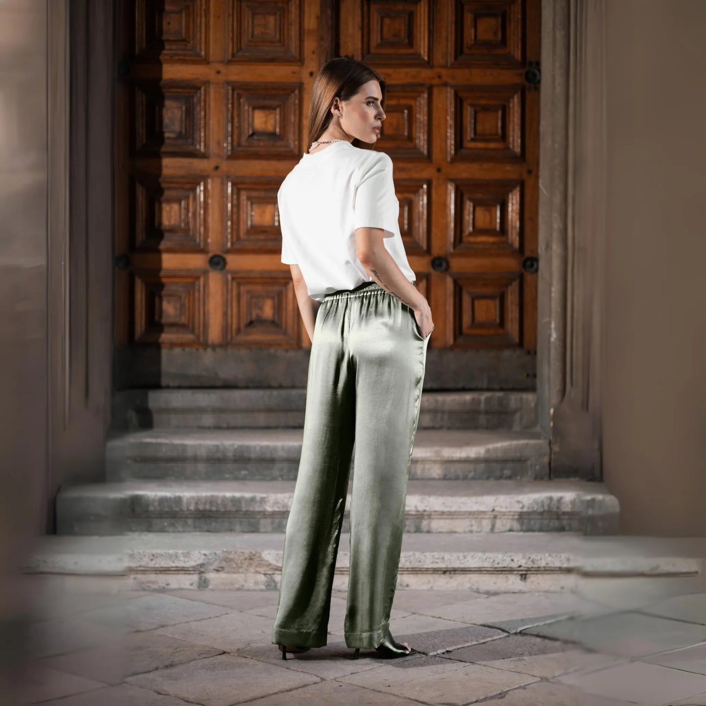 Satin pyjama-style trousers olive