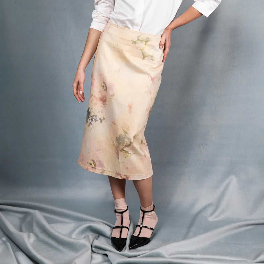 Denim midi skirt with print