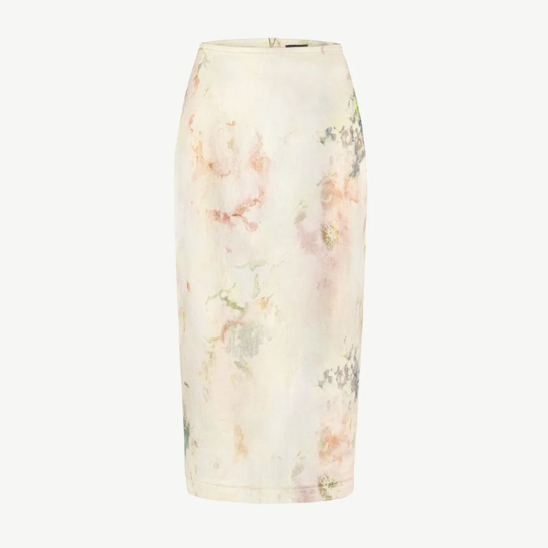 Denim midi skirt with print