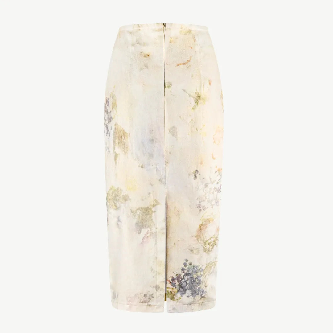 Denim midi skirt with print