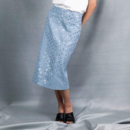 Sequin denim midi skirt