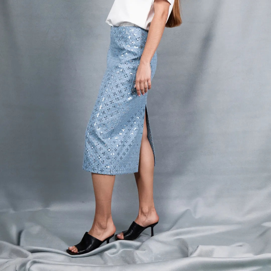 Sequin denim midi skirt