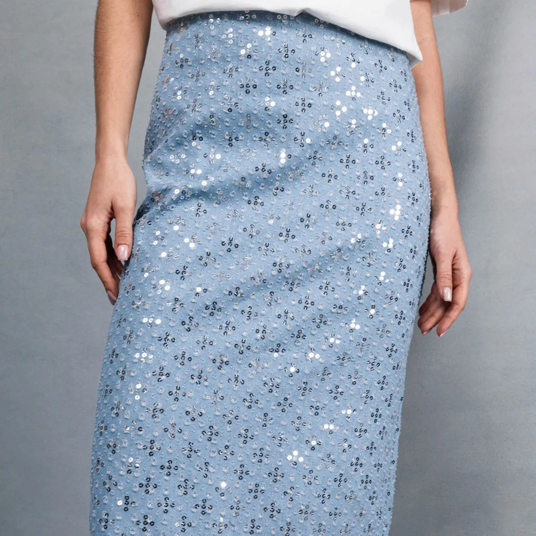 Sequin denim midi skirt
