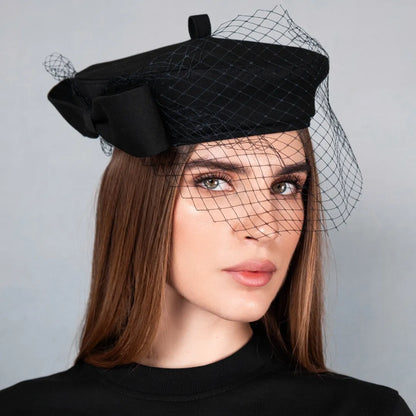 Black dress fabric beret with bow and veil