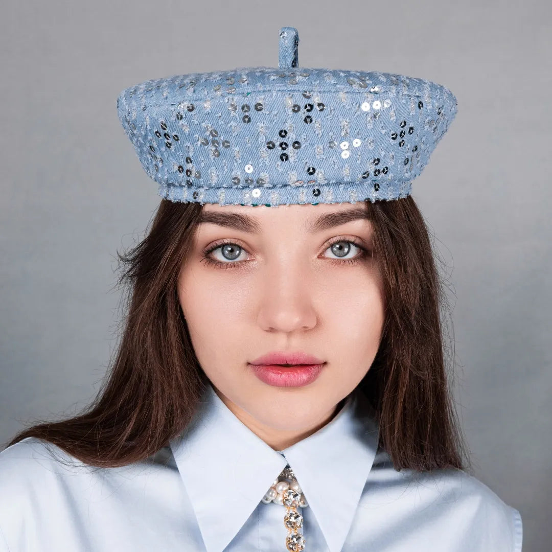 Denim beret with sequins