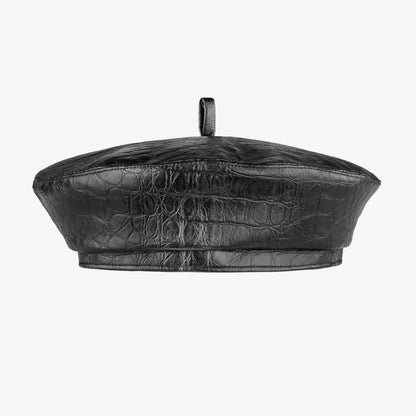 Black faux leather reptile beret