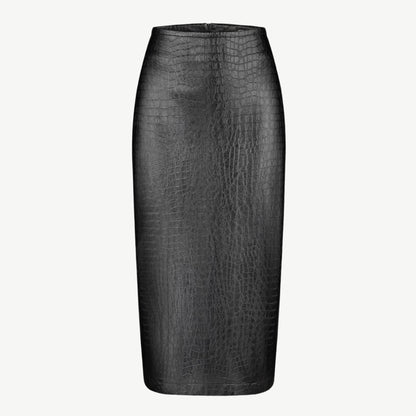 Reptile Print Faux Leather Midi Skirt Black