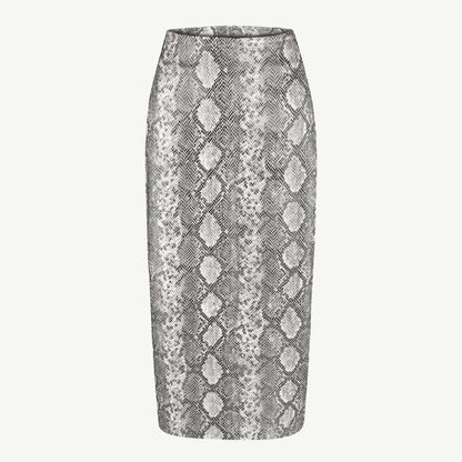 White and Black Reptile Print Faux Leather Midi Skirt