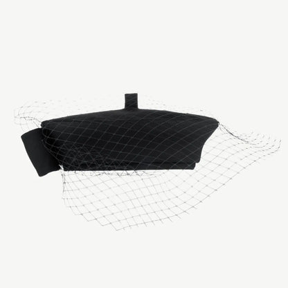 Black dress fabric beret with bow and veil
