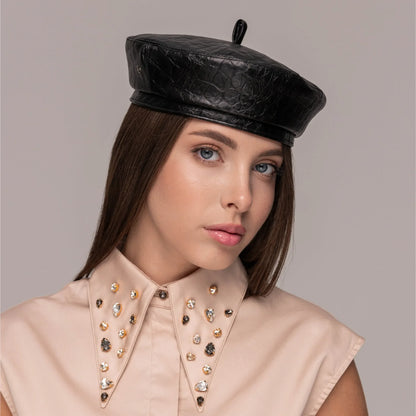 Black faux leather reptile beret