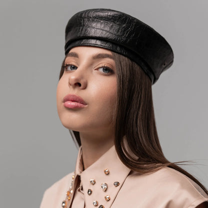 Black faux leather reptile beret