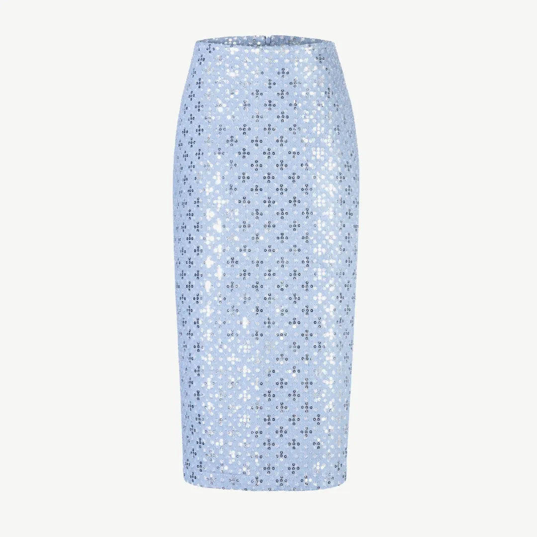 Sequin denim midi skirt