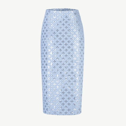 Sequin denim midi skirt