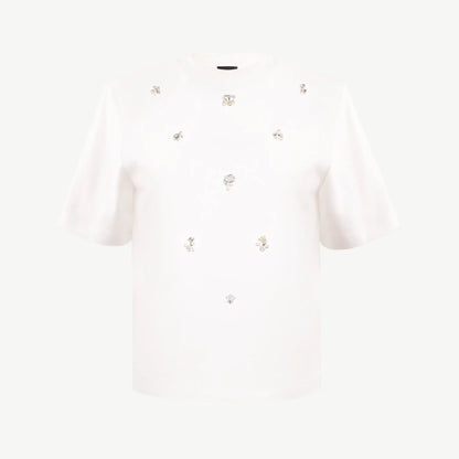 Cotton t-shirt decorated with ivory rhinestones