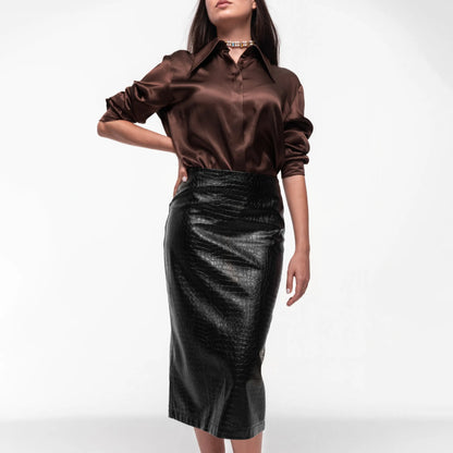 Reptile Print Faux Leather Midi Skirt Black