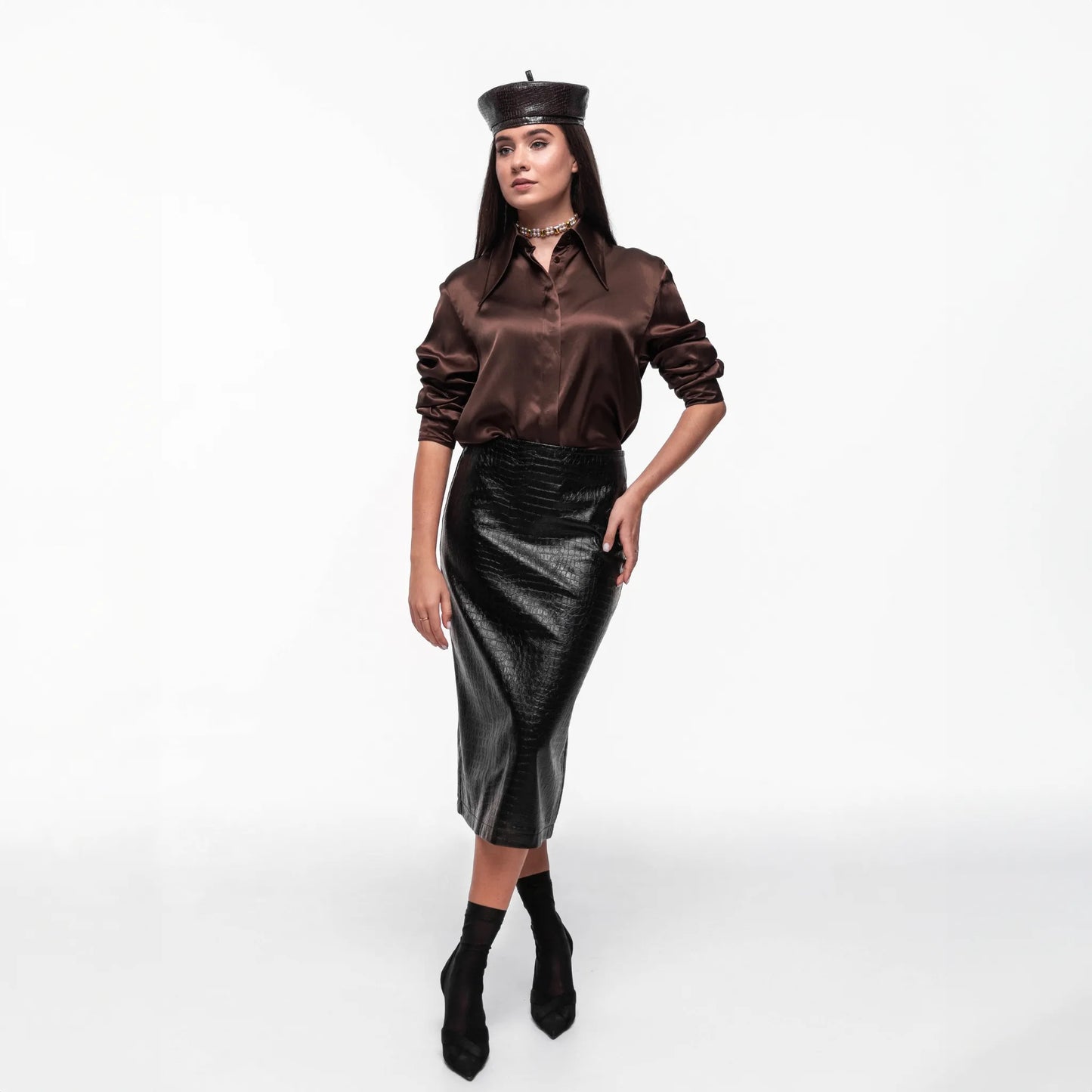Reptile Print Faux Leather Midi Skirt Black