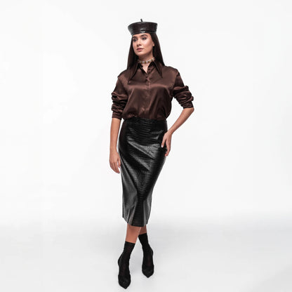 Reptile Print Faux Leather Midi Skirt Black