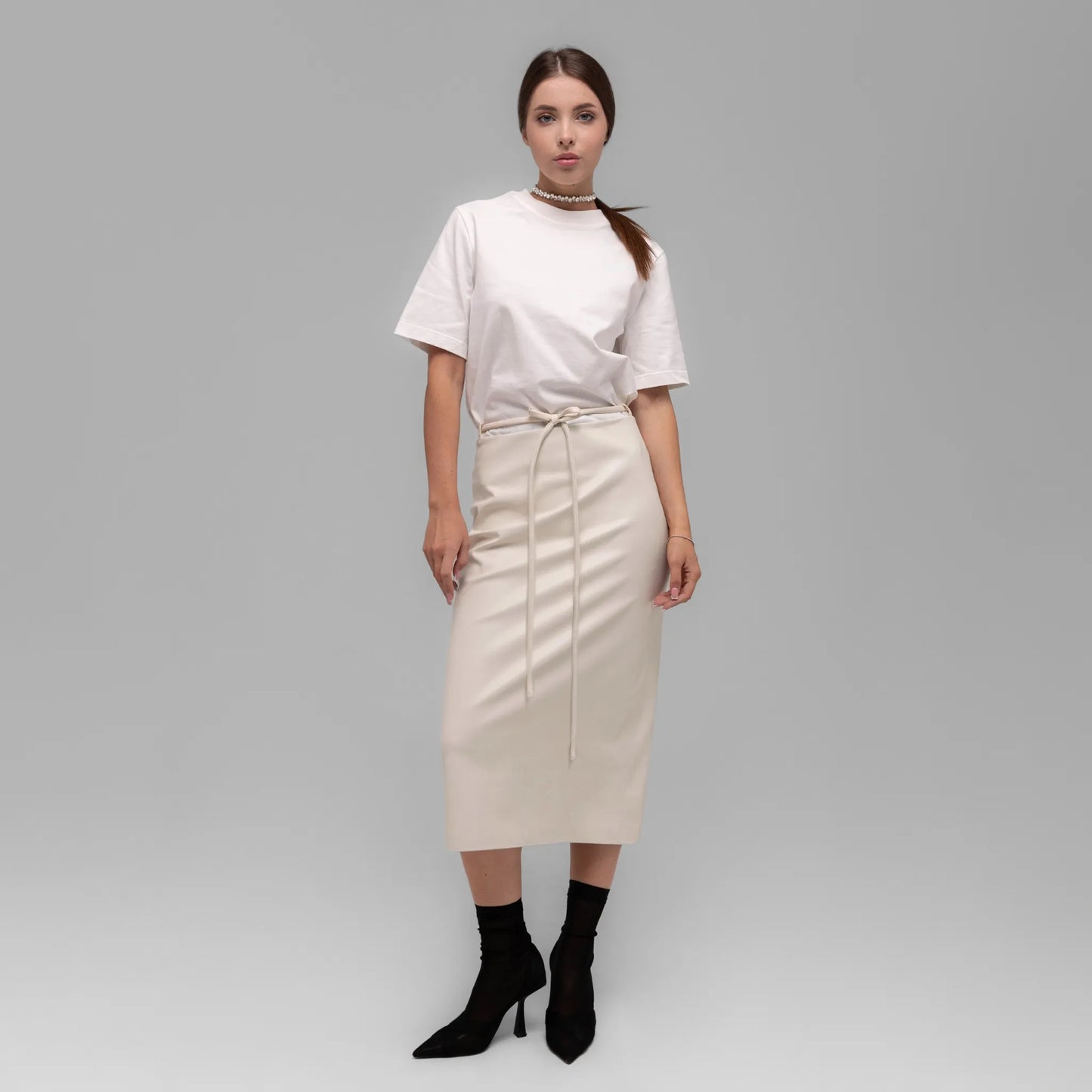 Ivory smooth leather midi skirt