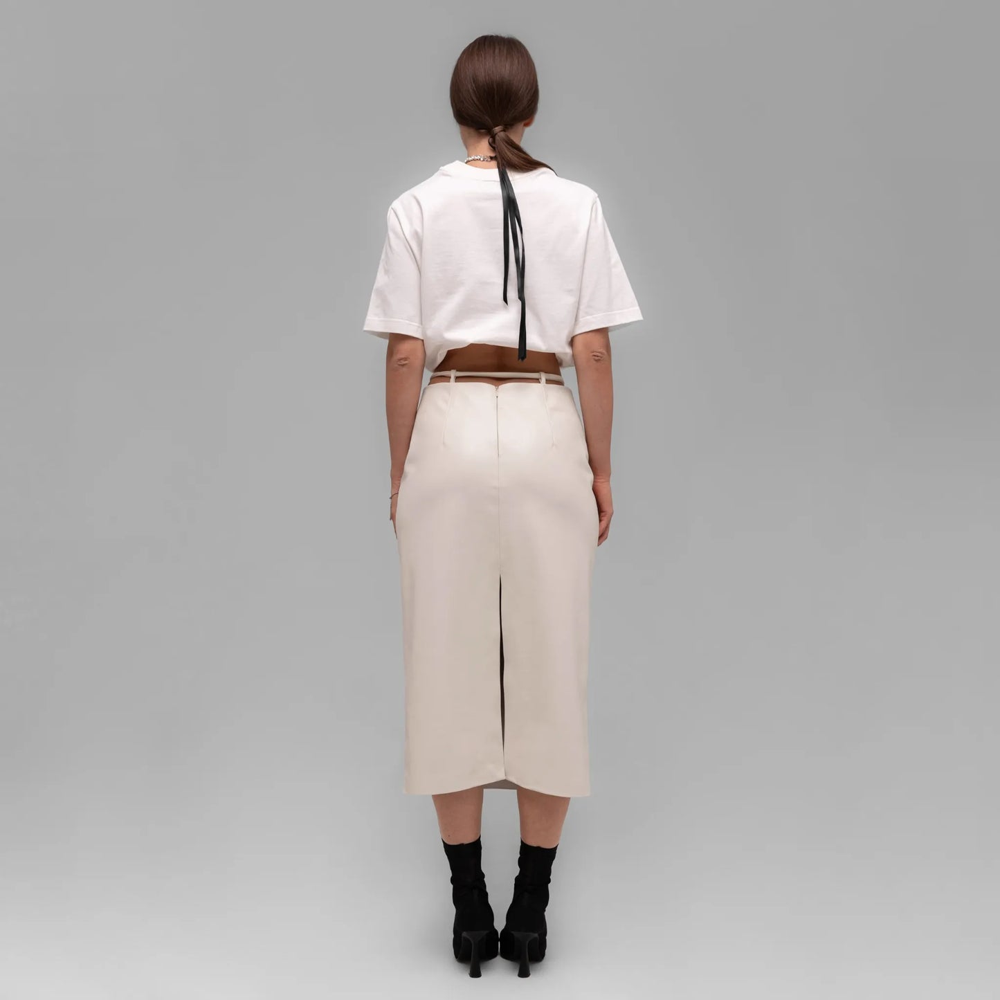 Ivory smooth leather midi skirt