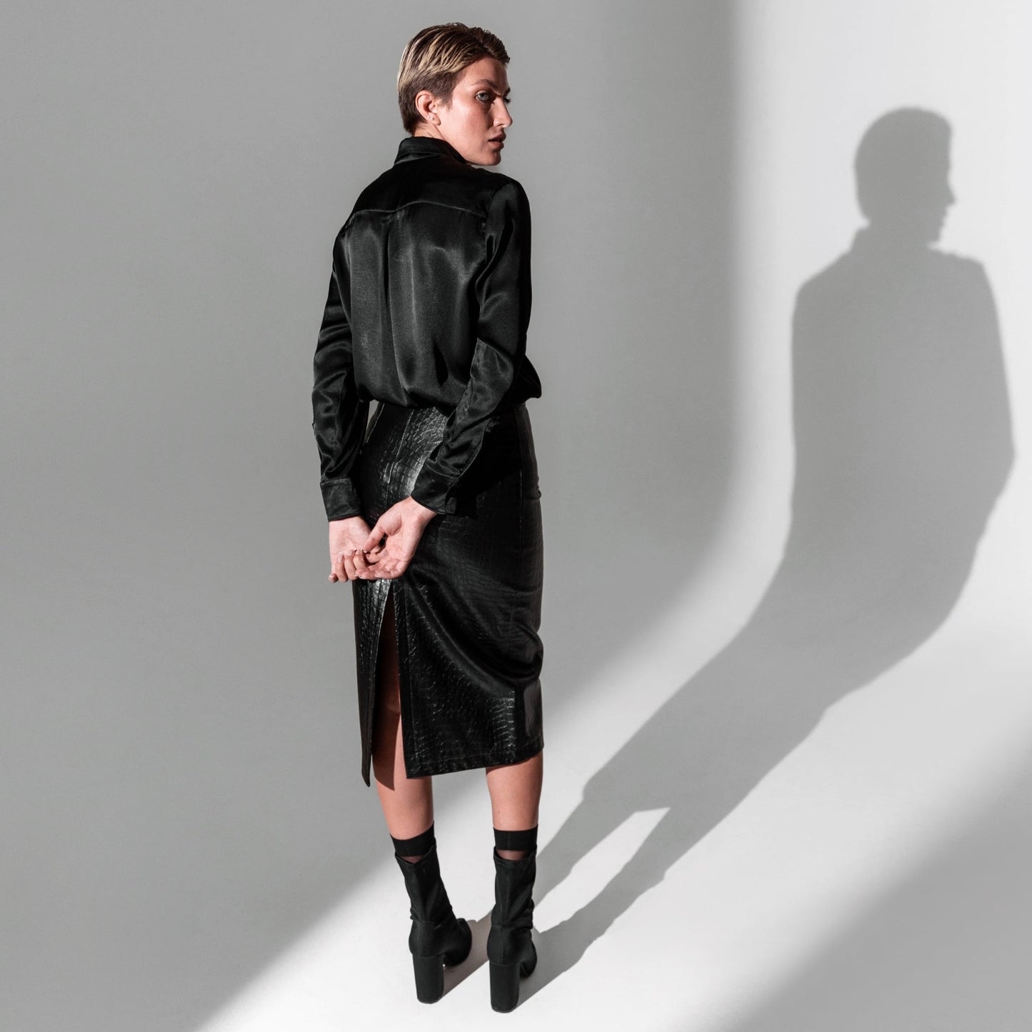 Black satin shirt with an extended collar