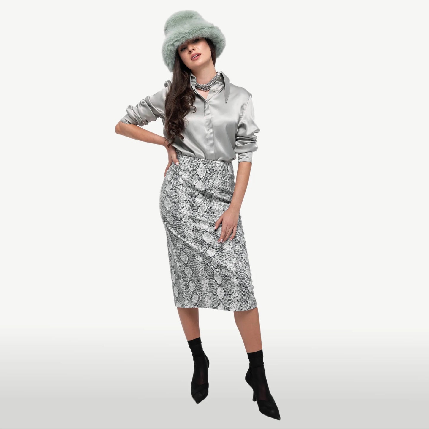 White and Black Reptile Print Faux Leather Midi Skirt