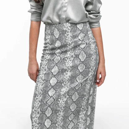 White and Black Reptile Print Faux Leather Midi Skirt