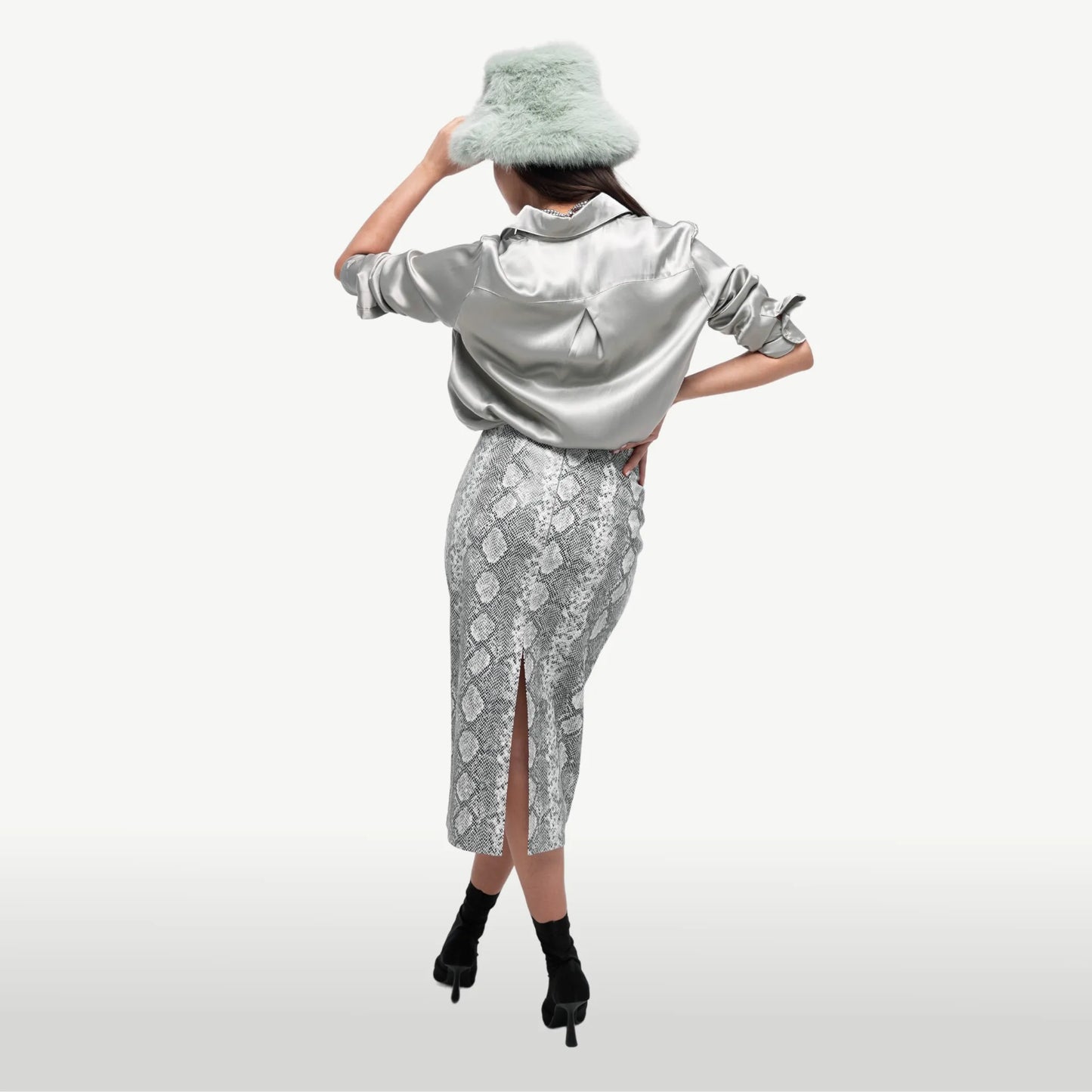 White and Black Reptile Print Faux Leather Midi Skirt