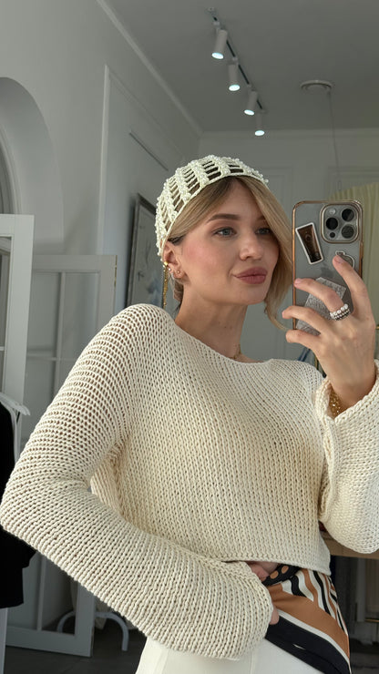 Cropped Italian Ribbon-Cotton Sweater