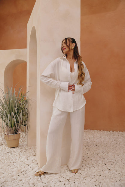 Linen elastic-waist trousers with tonal embroidery