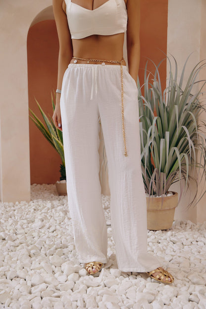 Linen elastic-waist trousers with tonal embroidery