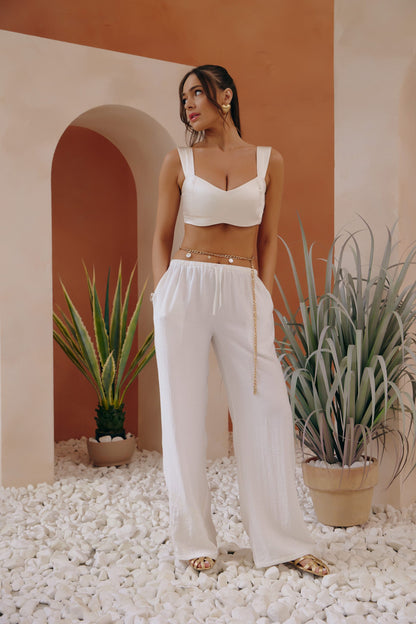 Linen elastic-waist trousers with tonal embroidery