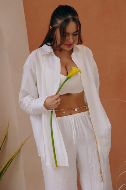 Linen elastic-waist trousers with tonal embroidery