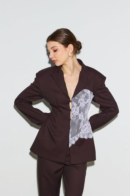 Jacket embellished with chocolate lace corset