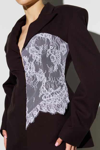 Jacket embellished with chocolate lace corset
