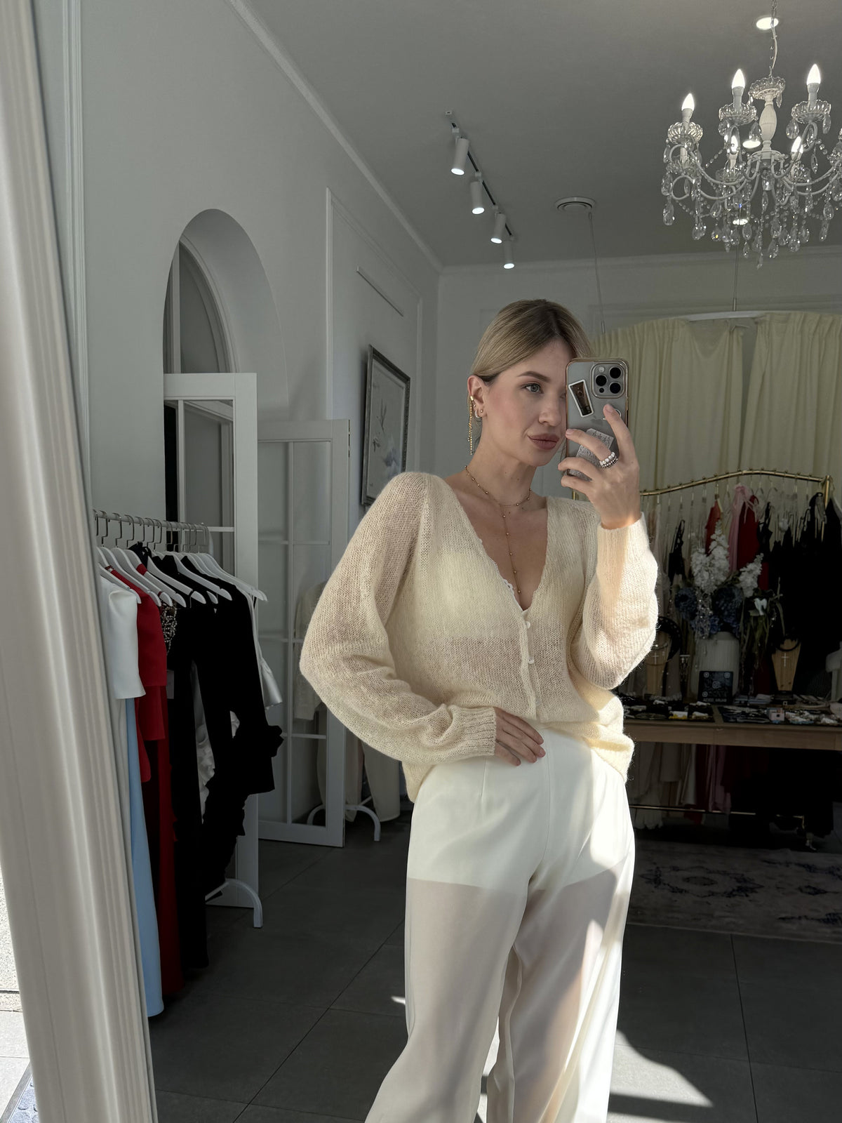 Кардиган із бейбі альпаки та шовку, Молочний — Aura Atelier