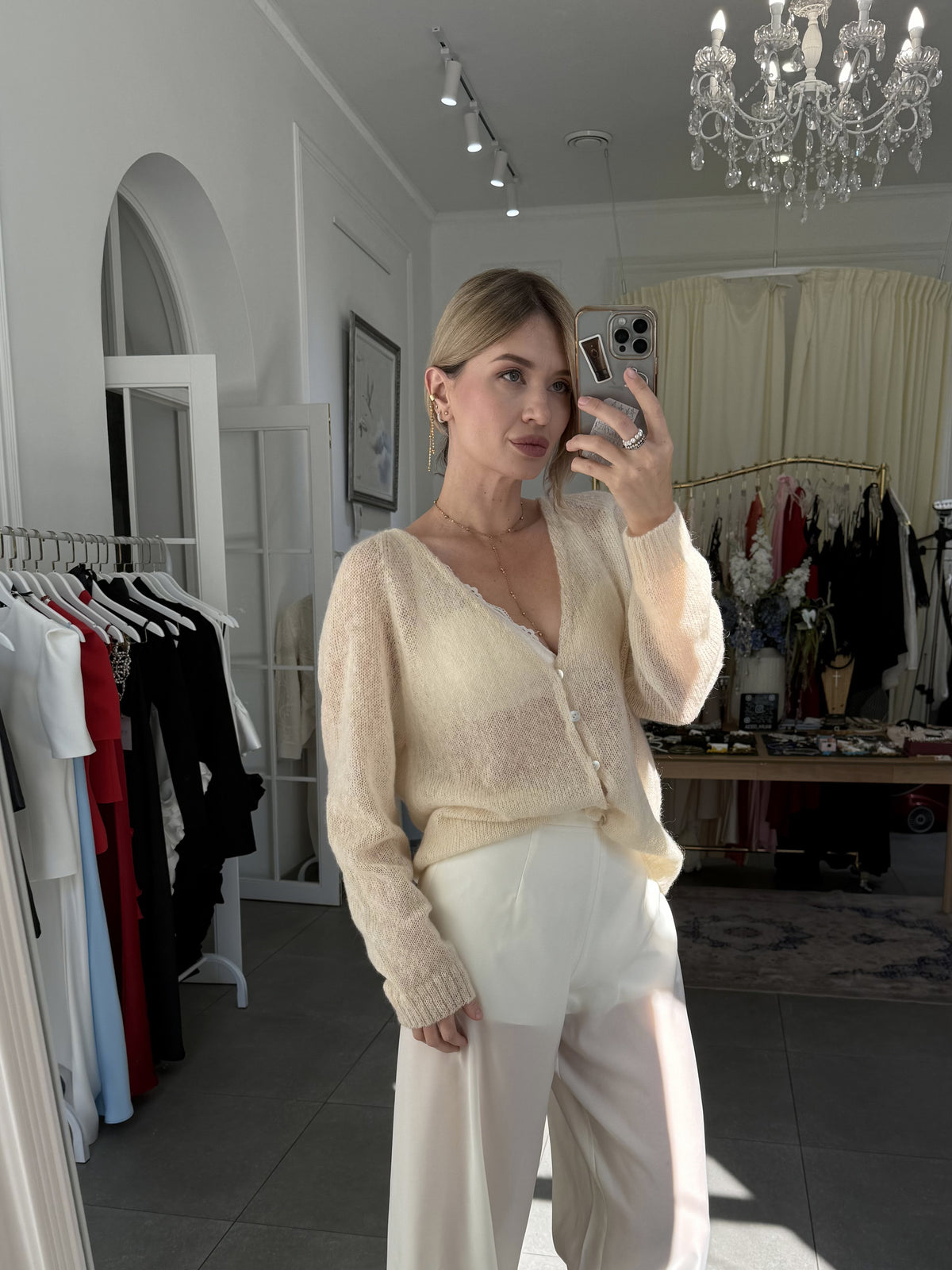 Кардиган із бейбі альпаки та шовку, Молочний — Aura Atelier