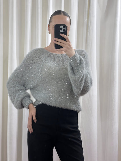 Светр із паєтками та V-подібним вирізом, Сірий — Aura Atelier