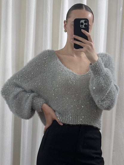 Светр із паєтками та V-подібним вирізом, Сірий — Aura Atelier
