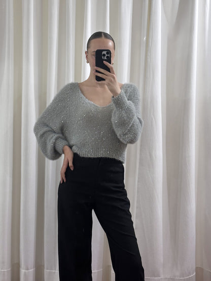 Светр із паєтками та V-подібним вирізом, Сірий — Aura Atelier
