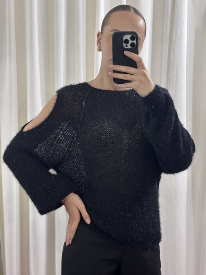 Светр із паєтками та вирізами на плечах, Чорний — Aura Atelier